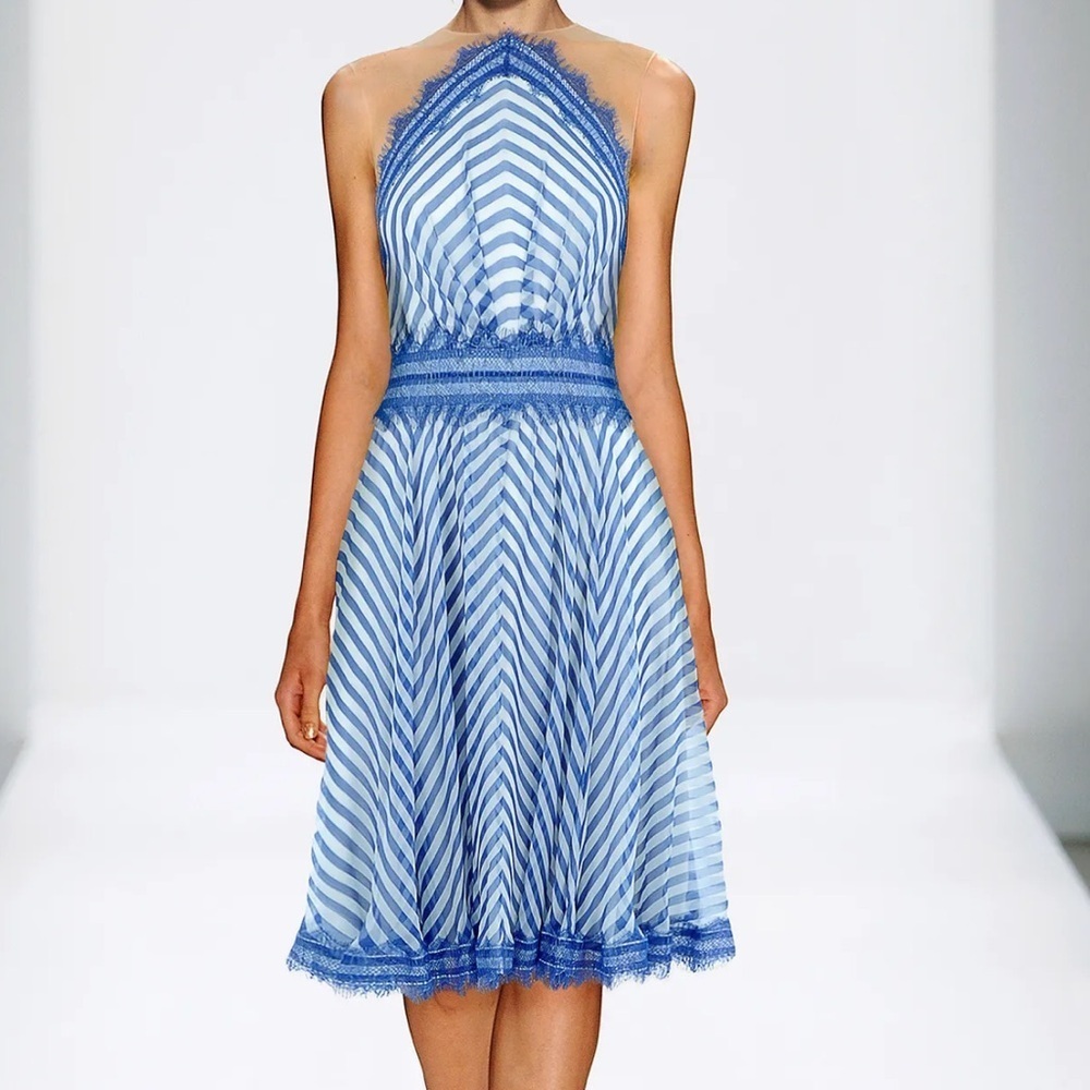 Tadashi Shoji Plus Size 100% Silk Blue and White A-Line Midi Dress